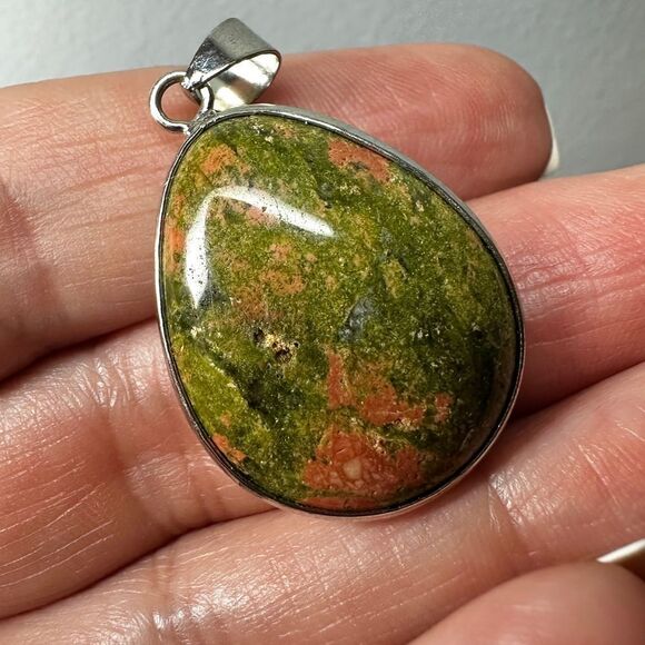 SALE! Genuine Unakite Jasper teardrop pendant! - Picture 1 of 11